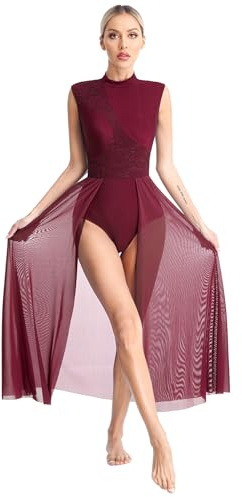 Xnihocha Disfraz de danza lírica para mujer sin mangas, vestido de ballet, vestido maxi de tul, moderno y contemporáneo, traje de gimnasia, traje de escenario, traje de baile, granate, S