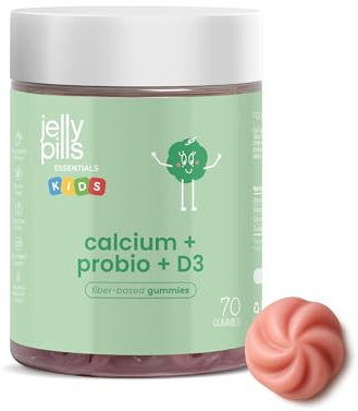 Jelly Pills Kids Calcium Gummies + Vitamin D3 and K2 + Probiotics - 70 Vegan Gummies for 2 Months - No Added Sugar - Natural Strawberry Flavour - for Growth and Bones