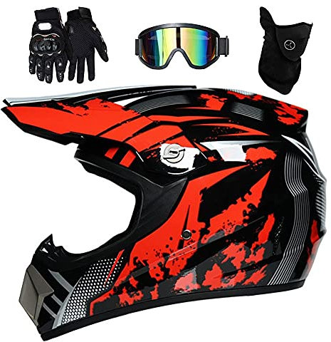 Jugend Kinder Motocross Helm Satz, Vollgesichtig Offroad MX Motorrad Helm ATV Roller Schutzhelm, Bergab Enduro MTB-BMX Dirtbike Absturz Helm, mit Brille Handschuhe Maske(Red,M/54-55CM)
