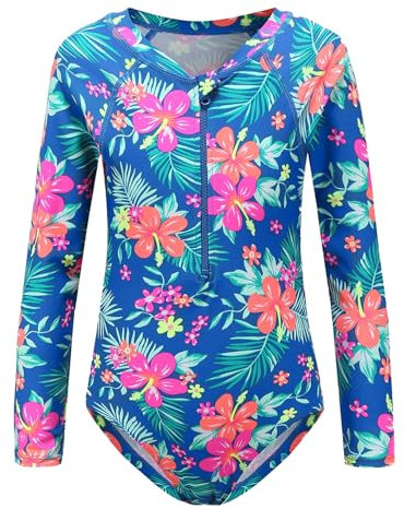 BOVOSHA Girls One Piece Swimsuit Kids Hawaii Floral Long Sleeve Swimming Costume Sun Protection Rash Guard (Blue, 9-10T)