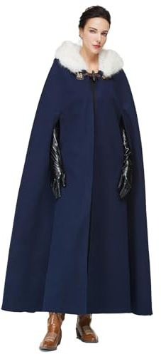BEAUTELICATE Cape à Capuche Longue Manteau Poncho Laine Vintage Chaude Pour Femme Mariée Mariage De Hiver Costume de Noël Halloween Médiévale Carnaval Deguisement 140cm, Bleu marine