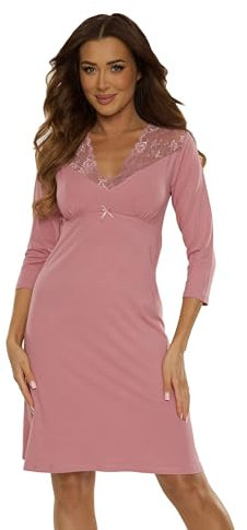 Selente Sweet Dreams - Camicia da notte lunga o corta, realizzata in UE con elegante pizzo, Pizzo rosa antico a maniche lunghe, 42