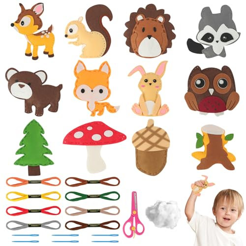 Vicloon 12 Stück Nähset Kinder, Filztiere Nähen Set, Bastelset für Kinder ab 6 Jahren und Anfänger, Nähen Filzset mit Stickgarn Plastiknadeln Füllwatte (Tier Puppe)