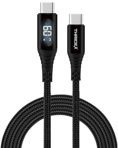 THRICEX® 60W USB C to USB C Fast Charging Cable, 1.2M Nylon Braided Type C Data Cord with LED Display, PD 3.0 Compatible with iPhone 16/15 Series, Samsung Galaxy S24