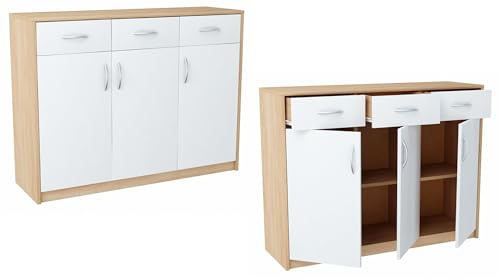 MATKAM Schlafzimmer Kommode mit Schubladen und Türen - Sideboard Wohnzimmer H:85xB:110xT:35 cm - Komode mit 3 Schubladen und 3 Türen - Komodenschrank für Schlafzimmer - Sonoma Eiche/Weiß