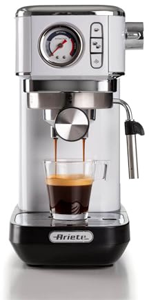 Ariete 1381 Macchina da caffè con manometro, compatibile con caffè in polvere e cialde ESE, 1300 W, Capacità 1,1 L, 15 bar di pressione, Filtro ½ tazze, Dispositivo Cappuccino, Bianco