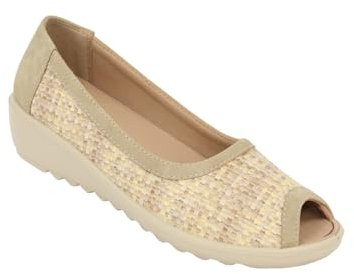 Chums Ladies Wide E Fit Raffia Effect Peep Toe Shoe – 1.5 Wedge & Padded Insole Natural 7