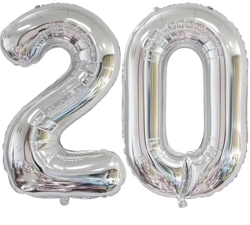 Silber 20 Ballon Luftballon Zahl 20th Ballon Nummer, Deco Party Geburtstag Helium Folienballon Zahlenballon 20 Silber / 100CM