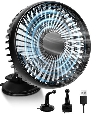 Xiexieni Ventilatore Auto USB 12V, Ventola Portatile a 3 Velocità, Rotazione a 360°, Silenzioso con Supporto a Ventosa e Clip, Mini Ventilatore Ricaricabile per Auto, Camion, Campeggio, Bici, SUV