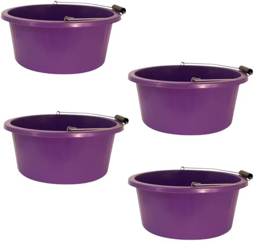 Shallow/Feeder Bucket – 15L (3 Gallon) Heavy-Duty Multi-Purpose Tub with Strong Gripper Handle-Stackable & Durable Variants-Stable for horses or plaster bucketPurple Pack of 4