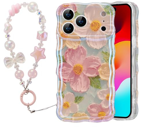EYZUTAK Case for iPhone 17 Pro Max, Colorful Oil Painting Flower Case with Bracelet Chain Curly Wave Edge Exquisite Cover Stylish Durable TPU Protective Cover Phone Charm for Women-Green Pink