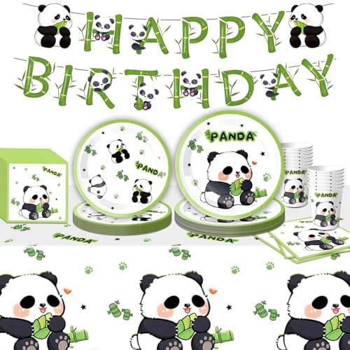 Partygeschirr Set, Panda Pappgeschirr Pappteller Becher Servietten,Deko Tisch Geburtstag Set für Kinder Mädchen Jungen