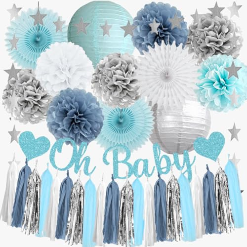 Babyparty Deko Blau Babyparty Deko Junge Blau Babyshowerparty Deko Silber Weiß Hellblau Oh Baby Shower Deko Boy Pompons Altblau mit Girlande Oh Baby Blau Guasten Hellblau