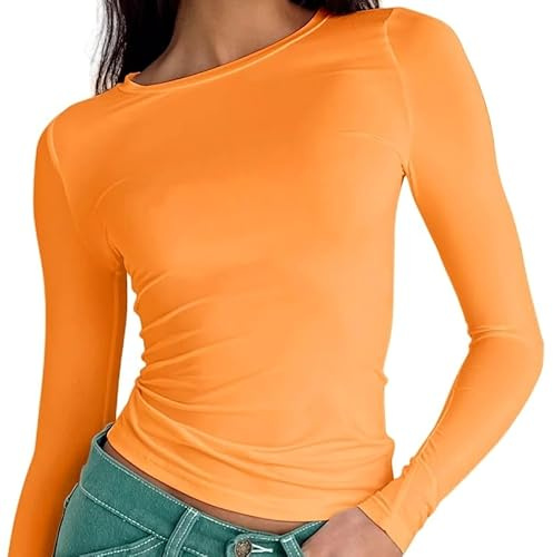OYIGELZ Tops for Women UK, Light Pink Long Sleeve Tops, T Shirt, Pack of 1 | Y2K Top, Light Pink T-shirts, Sexy Slim Fit Shirts, Basic Crop Tops, Tee Streetwear, Round Neck