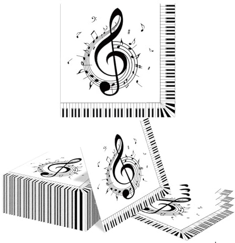 Kotkiddy 40 Musik Noten Servietten Schwarz Weiß 3 lagig 33x33 cm Musikparty Einweg Cocktail Tischdeko für Karaoke Geburtstag Musik Themenfeier Festival Jubiläum Gäste Empfang Buffet