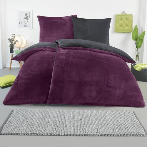 BaSaTex Winter Plüsch Bettwäsche Set, 4tlg. 135x200 cm, Anthrazit Lila | Warm und Kuschelig, Öko_Tex Zertifiziert, Reißverschluss, Flauschig Anschmiegsam, Feuchtigkeitsregulierend