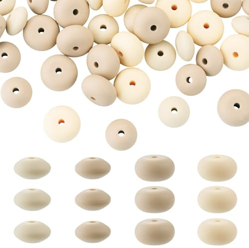 Bestewelry 40 Pcs Rondelle Silicone Beads 12mm/14mm Bulk Disc Silicone Focal Beads Opaque Round Abacus Rubber Bead for Jewelry Making DIY Bracelet Earrings Crafts, Beige