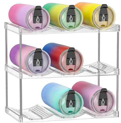 Aomig Stackable Water Bottle Storage Organiser Plastic Wine Bottle Holder Cupboard Organiser Large Compartment Tumbler Organiser Clear Mug Cup Holder for Fridge Kitchen Cabinet Wine(3 Tier Hold 9)