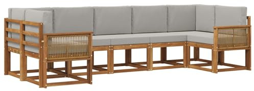 vidaXL Outdoor-Sofagarnitur mit Kissen 7 pcs Natürlich und Hellgrau, Garten-Sofa-Set, modernes Outdoor-Modular, Patio-Sitzgruppe, Akazienholz-Möbel, Lounge für den Hinterhof