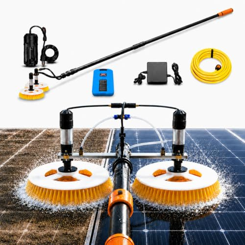 Solar Reinigungsbürste Teleskop, 7,5 m Solarpanel-Reinigungsbürste mit Doppel-Rotationskopf, bürstenlosem Motor, Akku-/Netzbetrieb & Wasserpumpe, PV Set für Glasdächer & Fassaden