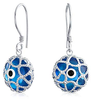 Blaues Nazar Böses Auge Rund Filigran Spiritueller Schutz Tropfen Ohrringe Für Frauen Teen Murano Glas .925 Sterling Silber