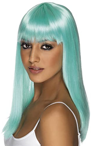 Smiffys Glamourama Perücke, Neon-Aquamarinblau, Lang, Glatt mit Pony Halloween