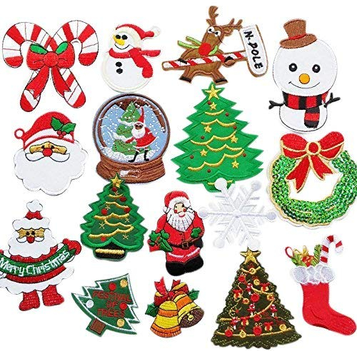 Chenkou Craft 16pcs Random Frohe Weihnachten Sew-on & Iron-on Patch Santa Baum Schneemann Bier Jingle Bell Claus gestickte Patche Appliques