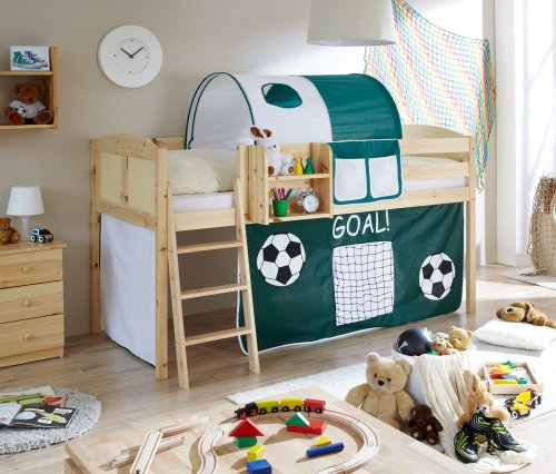 Hochbett Spielbett Eric Landhaus Kiefer massiv Natur, Vorhangstoff:Goal