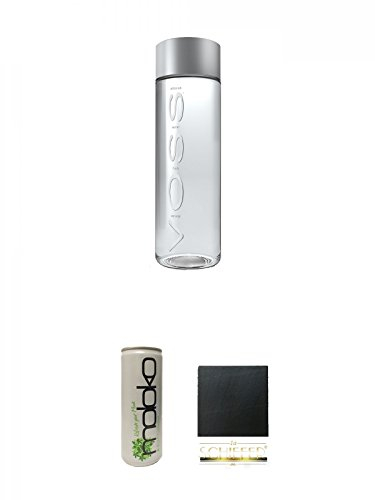 Voss Artesian STILL Gletscher Wasser in Glasflasche 1 x 0,375 Liter + Moloko Softdrink 0,25 Liter + Schiefer Glasuntersetzer eckig ca. 9,5 cm Durchmesser