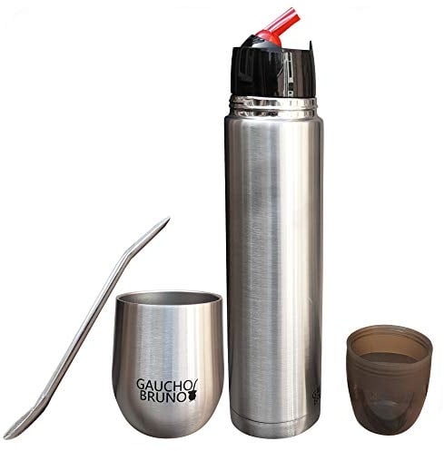 Gaucho Bruno - Yerba Mate Starter Kit | with Thermal Stainless Steel Mate Cup, Bombilla and Stainless Steel Flask| Easy to Clean | Comfortable to Hold | Brushed and Polished | Keeps Warm for Longer.