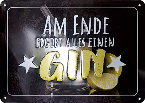 KE - Vintage Blechschild mit Spruch, Wand-Dekoration im Retro-Stil, Metall-Schild Geschenk-Idee, 15x21cm - Motiv: Gin