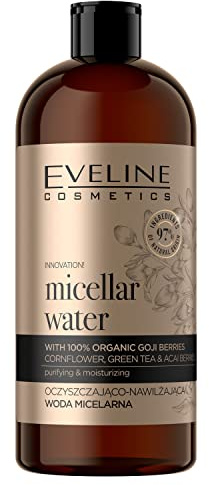 Eveline Cosmetics Organic Gold Reinigendes & Feuchtigkeitsspendendes Mizellenwasser mit Gojibeeren, Kornblume & Grünem Tee - Entfernt Wasserfestes Make-up - 500 ML