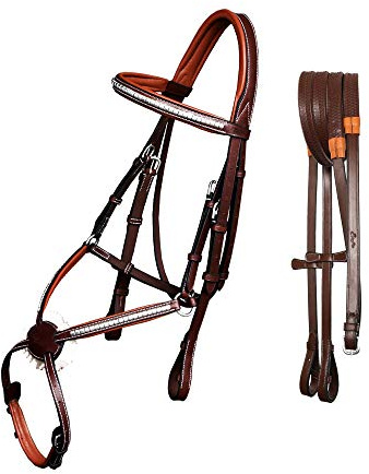 Exion Premium Trensenzaum aus englischem Leder, Figur 8, mit silbernem Drahtreifen, Nasenriemen und Stirnband, weich gepolstert, anatomisches Kronenstück, Gummizügel, verstellbare Passform, Springen