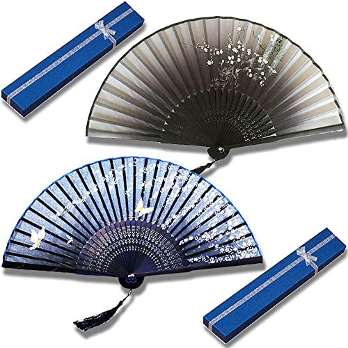 Zasiene Damen Handfächer Bambus Fächer Stoff Fächer Chinesisch Fächer Vintage Wandfächer Schmetterling Handfächer Blumen Fächer mit Geschenkbox für Hochzeit Party Geschenke Deko, 2 Stück