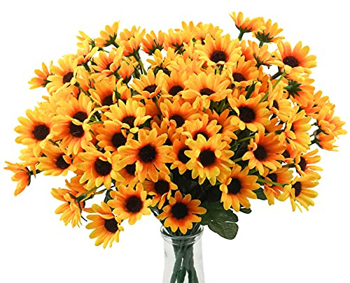 Uieke 6 Bündel Sonnenblumen künstliche Blumen Gänseblümchen Mütter künstliche Blumen Outdoor UV-beständig kein Verblassen Herbstblumen 24 Stiele Grünsträucher Home Hochzeit Büro DIY Dekor (Gelb)