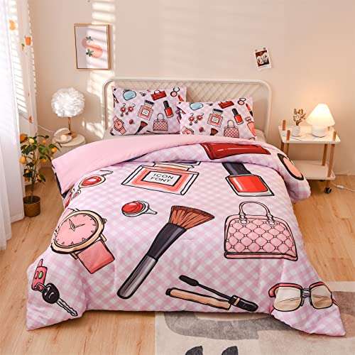 Aimuan Modisches Kosmetik-Make-up-Tagesdecken-Set, mit Parfümbeutel, Lippenstift, Nagellack-Muster, dekoratives 3-teiliges Bettwäscheset mit 2 Kissenbezügen, Doppelbett, Rosa (Rosa, Twin)