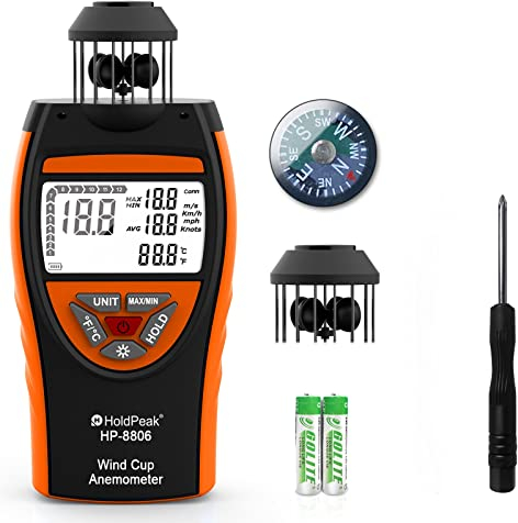 Anemometro a Tazza per Esterno, Anemometro Digitale HoldPeak 8806 ±4% Alta Precisione 0.7~42m/s Misuratore Velocità Vento, Temperatura del Vento, per le Riprese, Pesca,Vela, Kitesurf