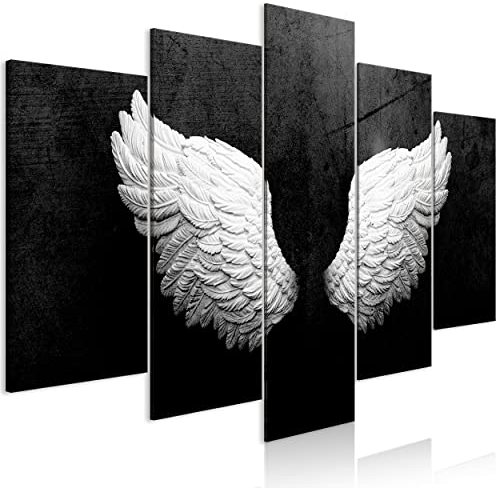 decomonkey Bilder Flügel 150x75 cm cm 5 Teilig Leinwandbilder Bild auf Leinwand Vlies Wandbild Kunstdruck Wanddeko Wand Wohnzimmer Wanddekoration Deko Beton Engel Feder Schwarz Weiß