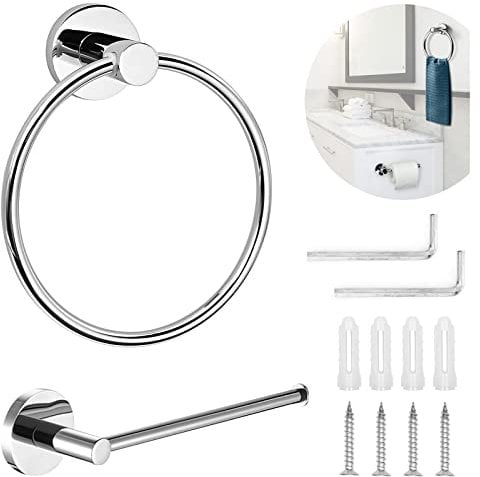 Toilet Paper Holder and Towel Ring Set, Toilet Towel Holder Stainless Steel Toilet Roll Holder Towel Ring Hanging Round Hanger Polished Chrome Contemporary Bathroom Accessory Set for Bathroom,Hotel
