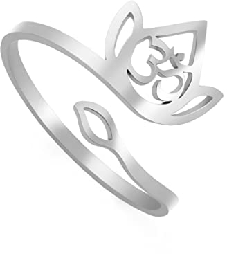 TEAMER Resizable Lotus Ring Edelstahl Semikolon Ring Yoga Meditation Om Symbol Ring Inspirierender Schmuck für Frauen Teenager Mädchen (Lotus und OM-Symbol-Silber)