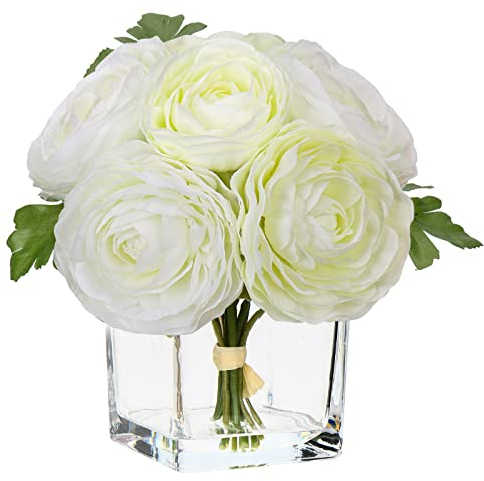 Kunstblume mit Vase 6 Blüte Künstliche Kamelie Blumen Wie Echt Kunstpflanzen Blumengesteck Deko mit Kunstwasser, Hochzeitsdeko Fensterbank Tisch Badzimmer Büro Dekoration