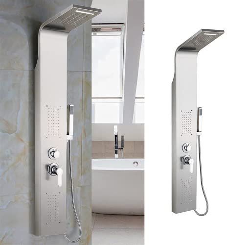 MINGYI Colonne de Douche Hydromassante, avec Douchette et Pommeau, 4 Modes de Douche, Connecteur DIN Standard 1/2'' (Argent, 20×140 cm)