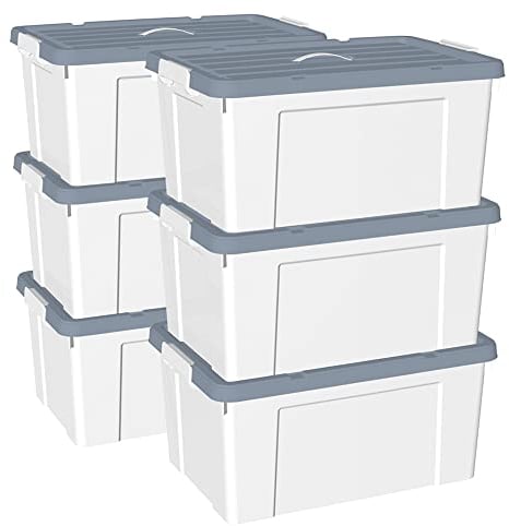 Cetomo 65L*6 Storage Boxes, Carry Plastic Storage Box with Lids, Organizing Container with Handle and Secure Latching Buckles, Stackable, Nestable, Tote Bin for Home Office Clothes, 65L-6Pack, White