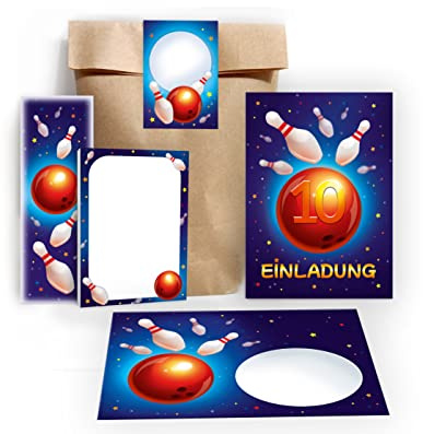 Junapack 12 Einladungskarten zum 10. Kindergeburtstag Bowling Kegeln zehnte Geburtstag Mädchen Jungen incl. 12 Umschläge, 12 Tüten/natur, 12 Aufkleber, 12 Lesezeichen, 12 Blöcke