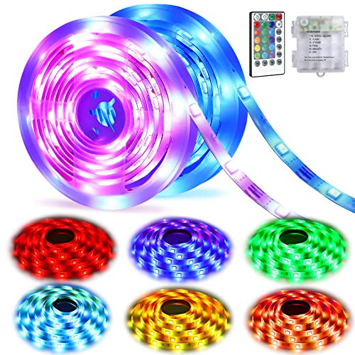 CCILAND Battery Powered RGB LED Strip Lights, 2 Pack 6.6ft 60 LEDs 16 Color Changing Lights Strip with Timer Dimmable 8 Modes LED Lights for Bedroom Outdoor RV Camping Awning Party Indoor Decoration