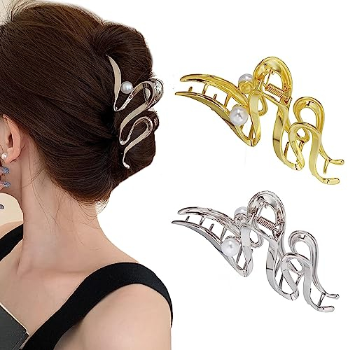 FAMIDIQGO 2 Stück Haarklammern, mit Perle, Elegante, Unregelmäßige Metallkralle, rutschfest, Starker Halt, Modischer Haarschmuck für Frauen und Mädchen (Gold und Silber)
