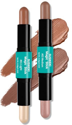 Contour Stick, 2Pcs Dual-Ended Highlighter Makeup Pen & Contouring Stick for Face Shaping, Long Lasting Waterproof Cream Bronzer & Highlight Sticks Make Up Kit for All Skin Tones(01# + 03#)