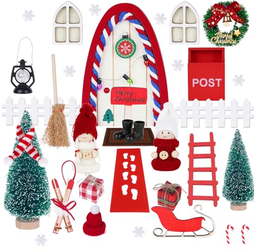 Mabecol Puerta Elfo Navidad, Puerta Elfos Navideños Adornos Navidad, Puerta de Duende de Navidad Casa Accesorios Miniatura Elfo Gnomos Juego de Regalo Manualidades Navidad para Niños