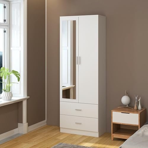 2 Door 2 Drawers Mirrored Wardrobe with Hanging Rail Wooden Clothes Storage Cupboards Unit for Bedroom Furniture 77 x 50 x 180 cm (White)
