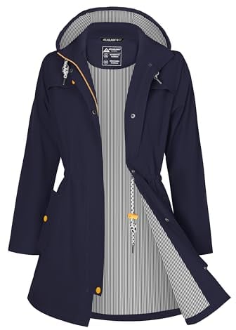 ATLASLAVA Regenjacke Damen Lang Wasserdicht Kapuze Regenmantel übergangsjacke Trenchcoat Outdoor Mantel Navy Blau L